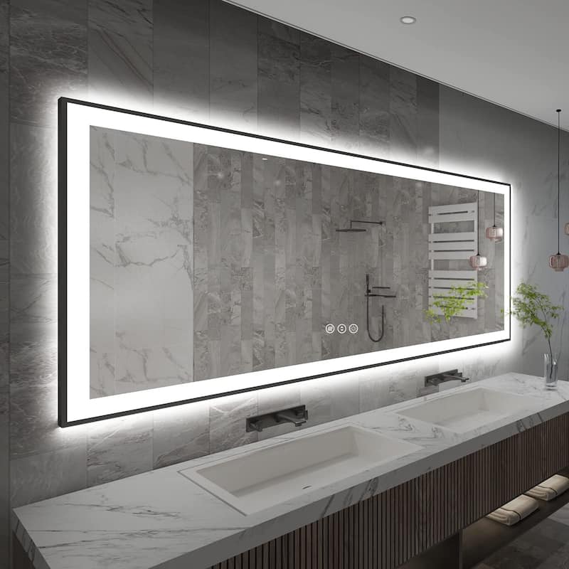 Full Size Back & Front LED Lighted Anti-Fog Tempered Glass Framed Wall Bathroom Vanity Mirror - 84" x 32"