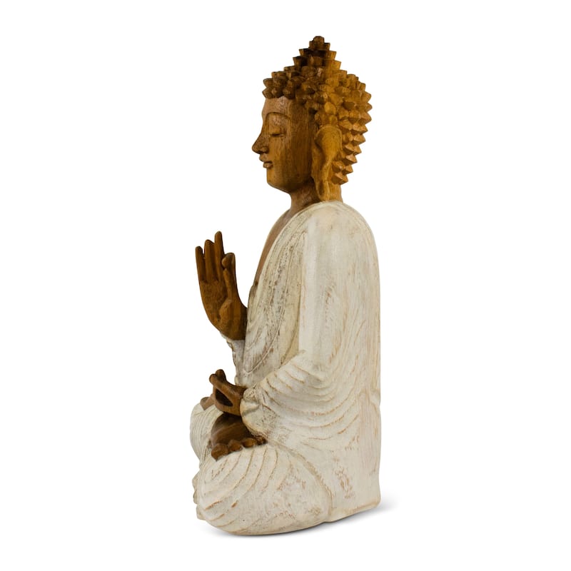 Wood Buddha Statue Hand Carved Whitewashed Vitarka Mudra Sculpture, Zen Home Decor