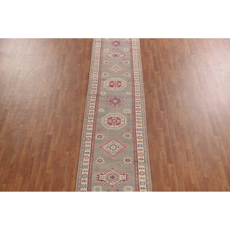 Geometric Grey Kazak Runner Rug Handmade Wool Carpet - 2'10" x 19'7"