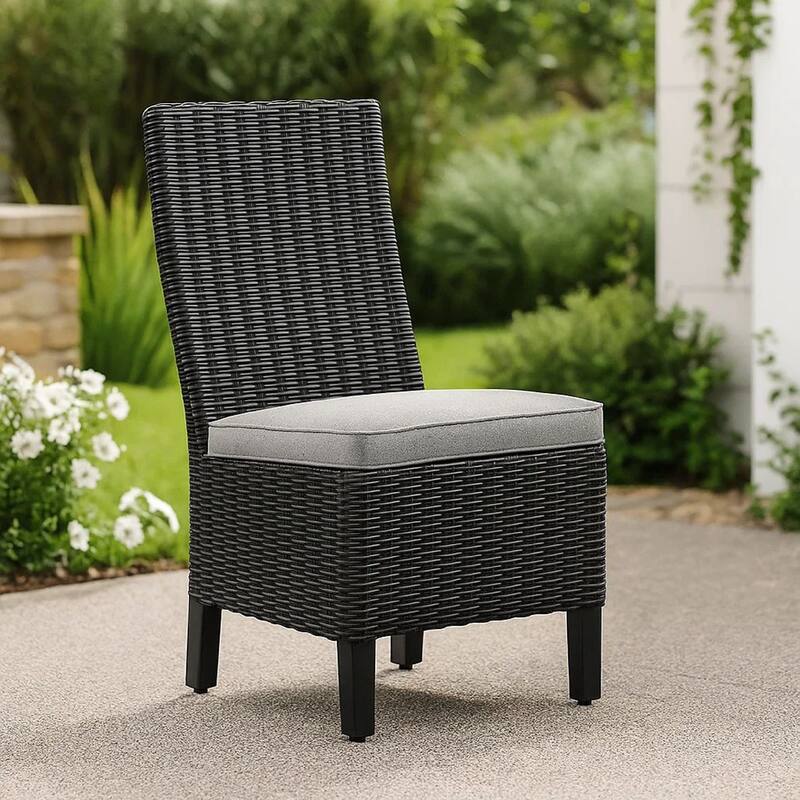 Tira Indoor Outdoor Side Chair Set of 2, Black Wicker, Gray Nuvella