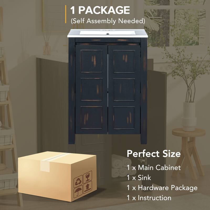 24-Inch Vintage-Inspired Bathroom Vanity with Ceramic Basin, Two Soft-Close Doors, and Adjustable Shelf‌ - 24"