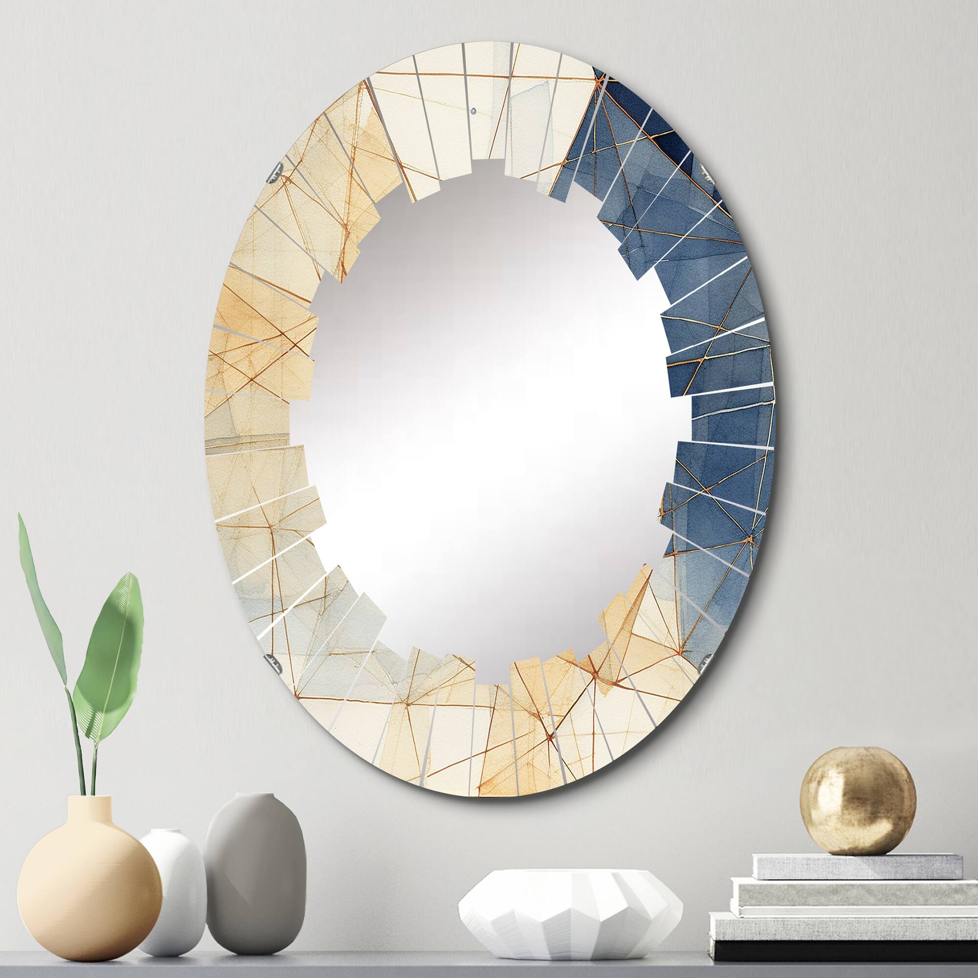 Designart "Minimalist Blue and Gold II" Abstract Shapes Modern Wall Mirror