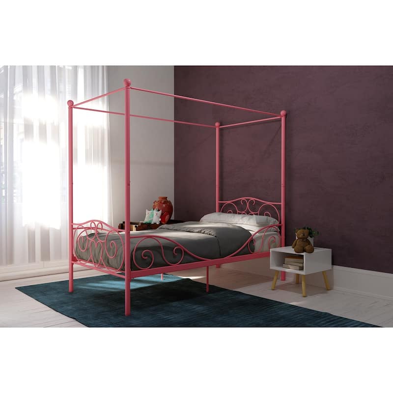 Whimsical Heart-Design Canopy Metal Bed with Slat Support System