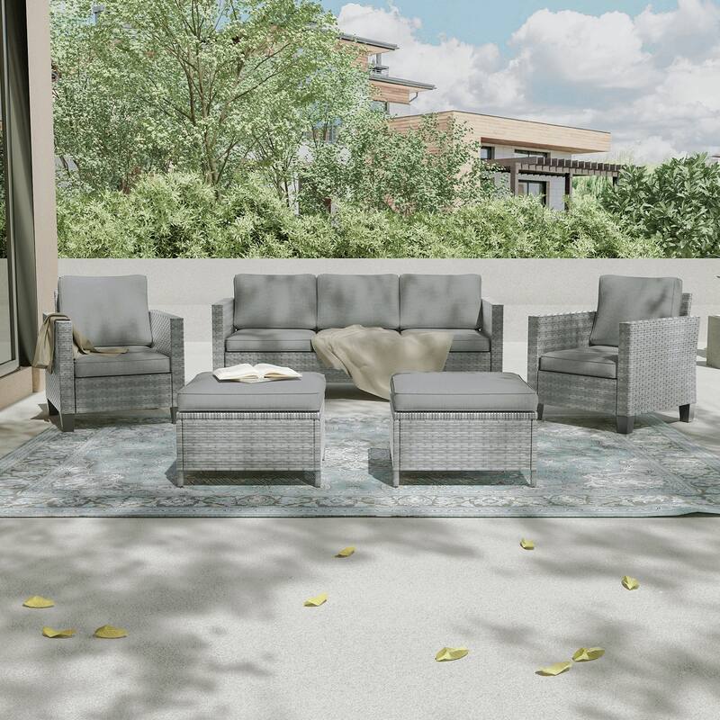LIVOOSUN 5Pcs Patio Furniture Set Grey Rattan Coversation Seating Set - Gray/Gray