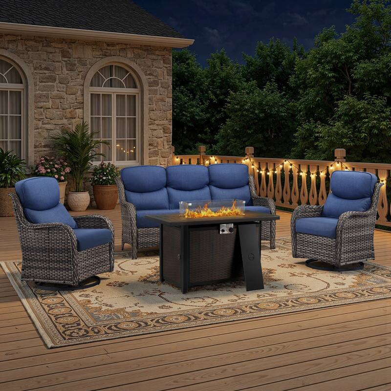 Meyreso 4-Piece Outdoor Patio Metal Fire Pit Wicker Conversation Set with 5-Inch Thick Olefin Cushions - Navy Blue Cushions - Gray Wicker