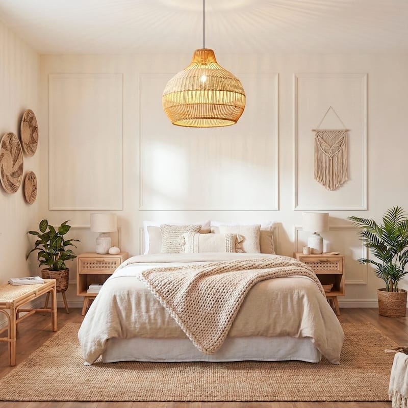 17" Bohemian Round Woven Wicker Adjustable Pendant Hanging Light for Dining Room