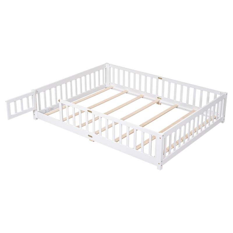 Queen size Floor Platform Bed with Fence Guardrails and Door