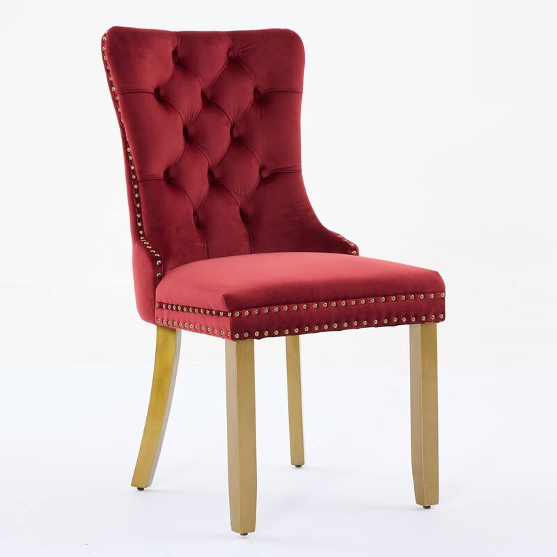 Velvet Dining Chairs Set of 2, Tufted Dining Chairs with Nailhead Trim, Kitchen Chairs with Lion Head Pulls Ring & Wooden Legs