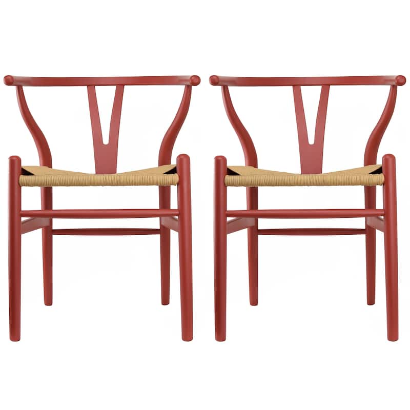 Set of 2 Modern Wood Dining Chair With Back Armchair Hemp Seat For Home Restaurant Office Kitchen - Red