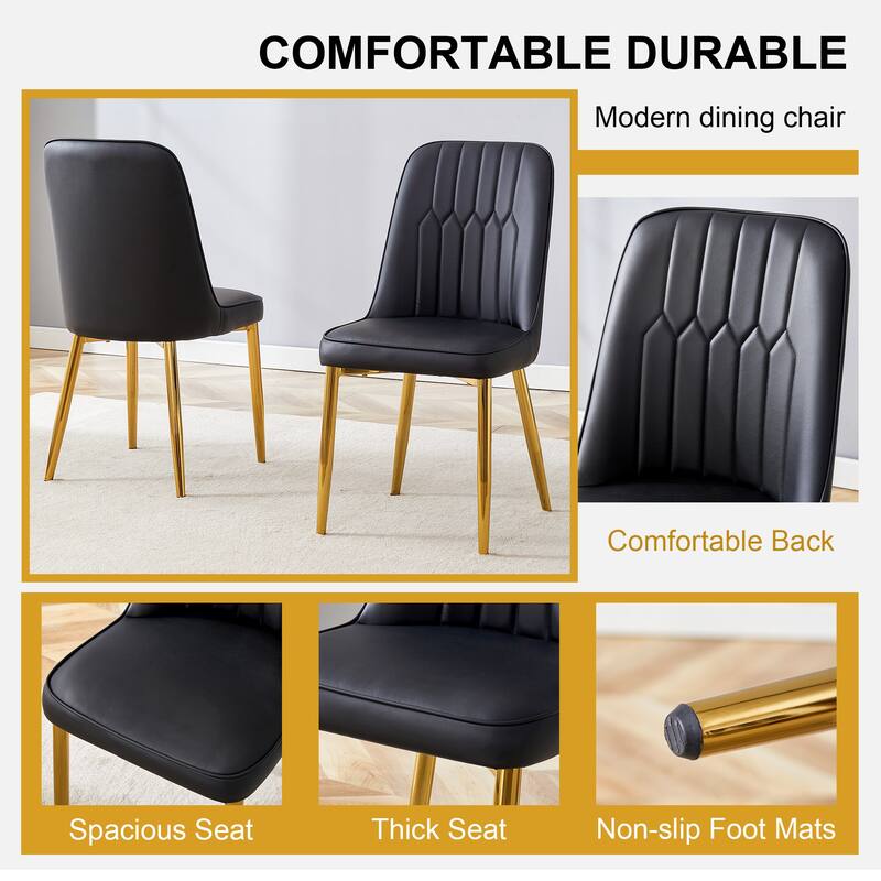 8 modern dining chairs, sleek PU backrest, and gold metal legs bring a comfortable home experience to the kitchen, bedro