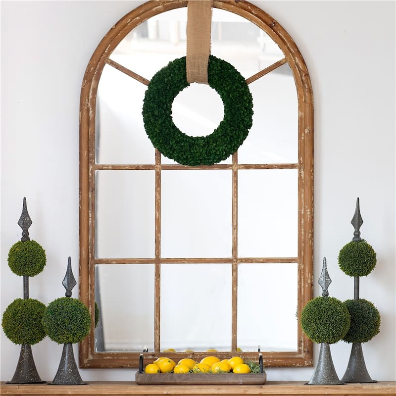 Large Arched Accent Mirror with Brown Frame w/ Decorative Window Look