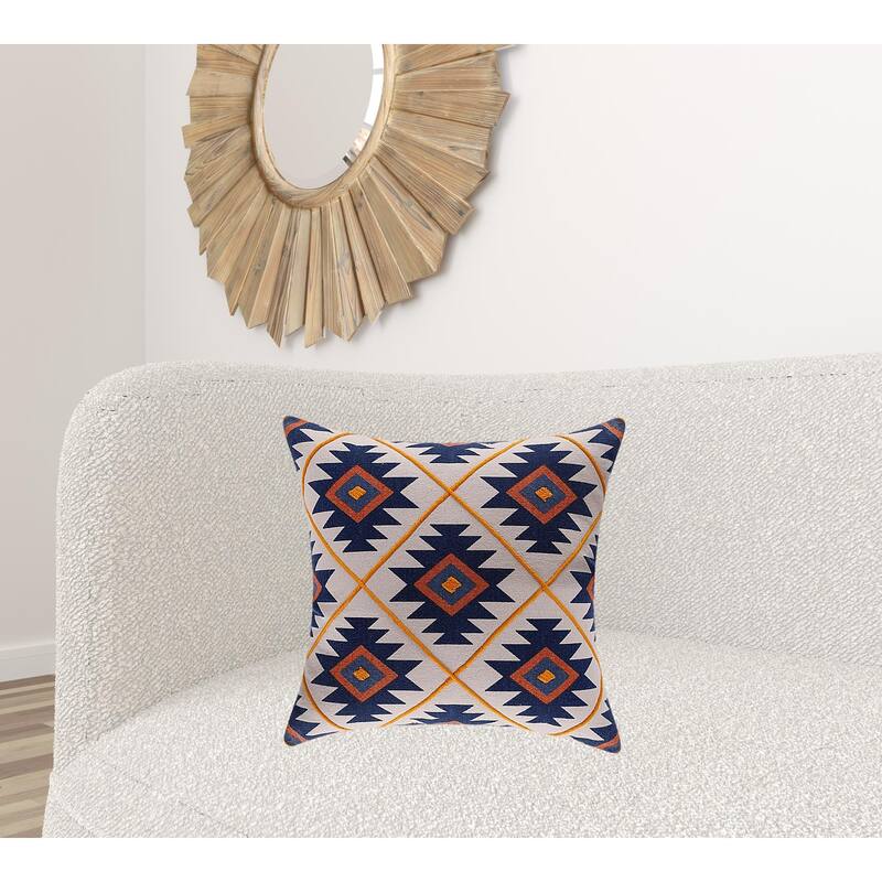HomeRoots 20" X 20" Blue 100% Cotton Geometric Zippered Pillow