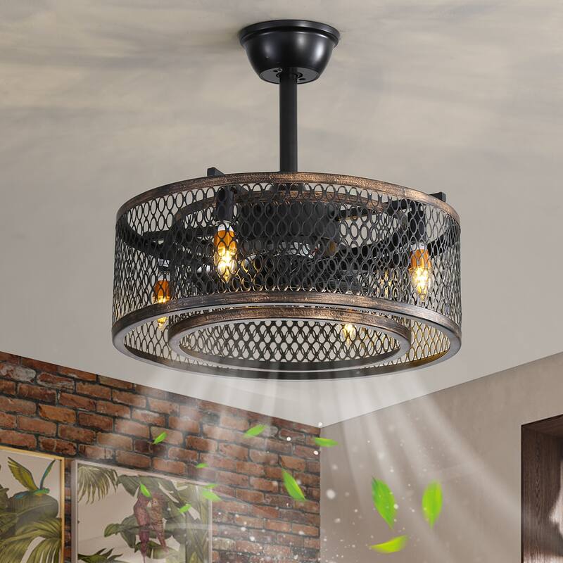 Vintage Cage Style Ceiling Fan Light with Lighting and 6 Speed Settings, DC Motor for Bedroom and Living Room - Black