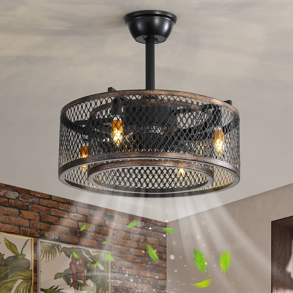 Vintage Cage Style Ceiling Fan Light with Lighting and 6 Speed Settings, DC Motor for Bedroom and Living Room