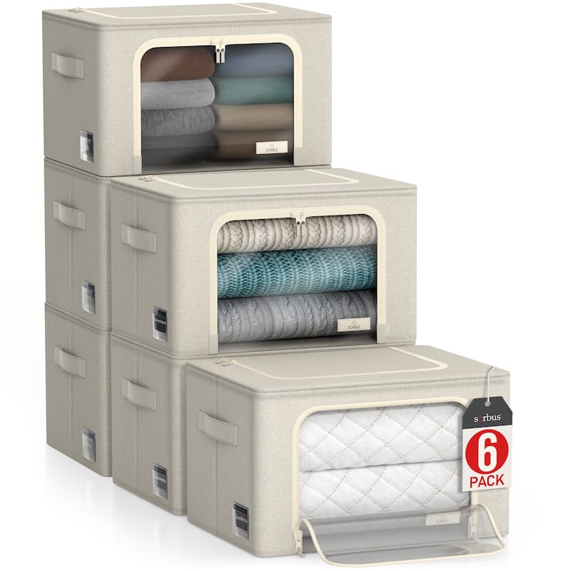 Sorbus Storage Bins and Organizer Set with Window & Handles 6 Pack - 17" L x 13" W x 13" H - Beige