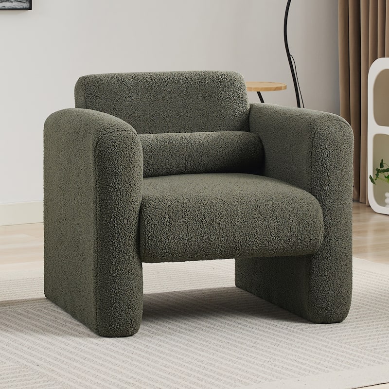 Modern Accent Chair Lambskin Sherpa Fabric Upholstered Comfy Reading Arm Chair Soft Padded with Back and Pillow for Living Room