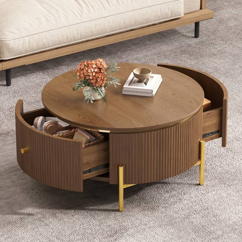 31.5" Round Coffee Table with Storage, Accent Center Table with 2 Drawers, Brown Cocktail Table with Metal Legs