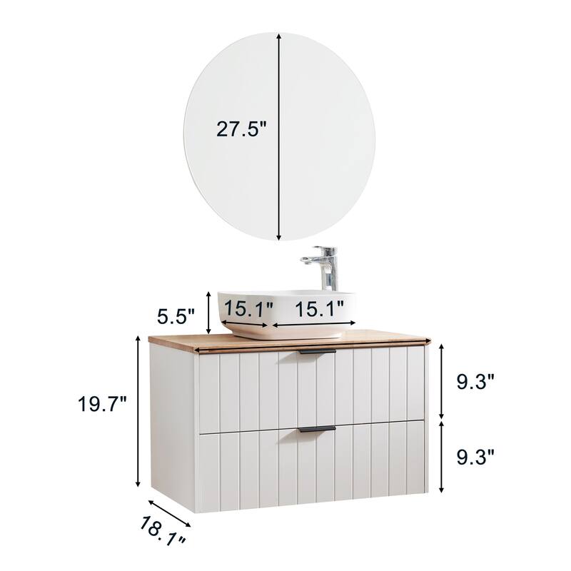GDFStudio - 32-Inch Wall-Mounted Bathroom Vanity, Solid Wood Natural Top, Square Art Ceramic Sink