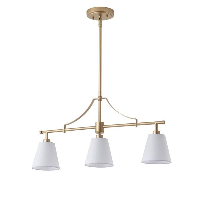 3 Light Linear Island Chandelier Deep Gold Painted Iron Frame Off White Fabric Shades