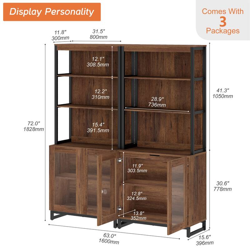 2PCS Modern 72" Sideboard with Glass Doors and Adjustable Shelves, Multifunctional Buffet for Dining Room or Kitchen