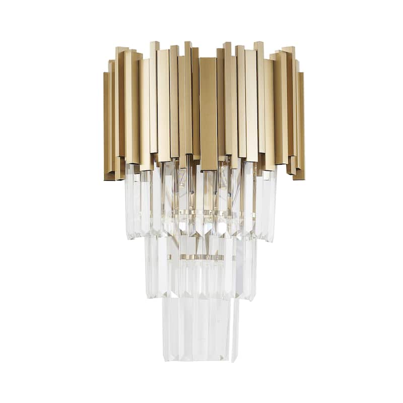 3-Light Brushed Gold Stainless Steel Wall Sconce With Clear Hanging Crystals