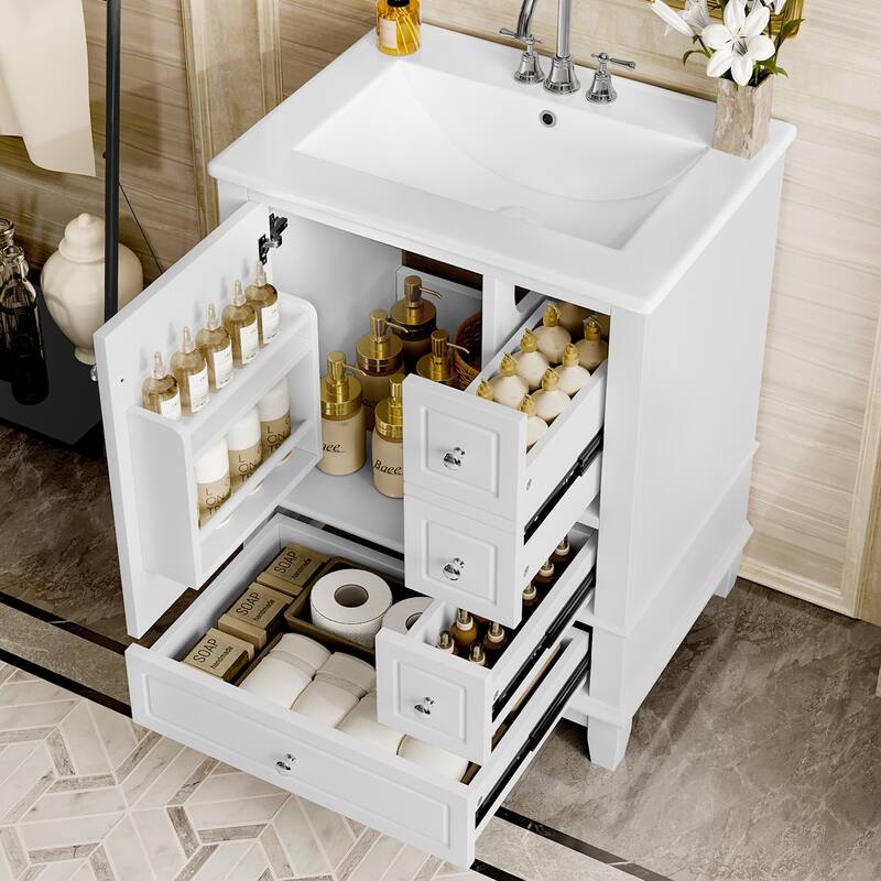 24" Bathroom Vanity with Ceramic Sink & Storage - Freestanding Cabinet, MDF & Solid Wood Base, Modern Design for Small Bathrooms - White