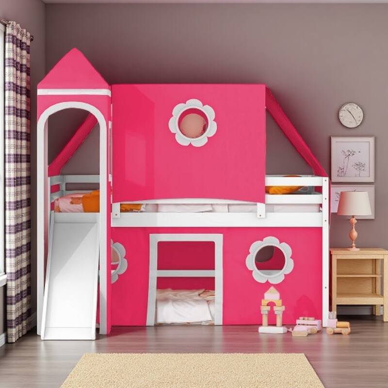 Full Size Loft Bed with Castle Tower, Slide, and Play Tent, Solid Pine Wood Construction with Spacious Under-Bed Play Area - Pink