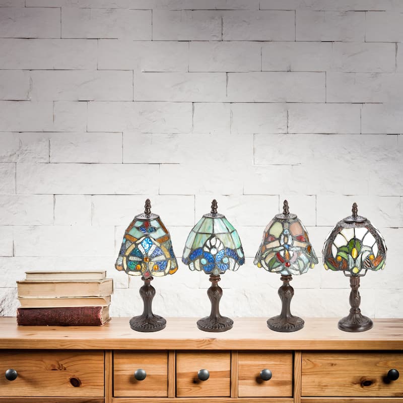 River of Goods Set of 4 Family Favorites Tiffany Style Stained Glass Mini Accent Lamps - 6"L x 6"W x 12"H - Each