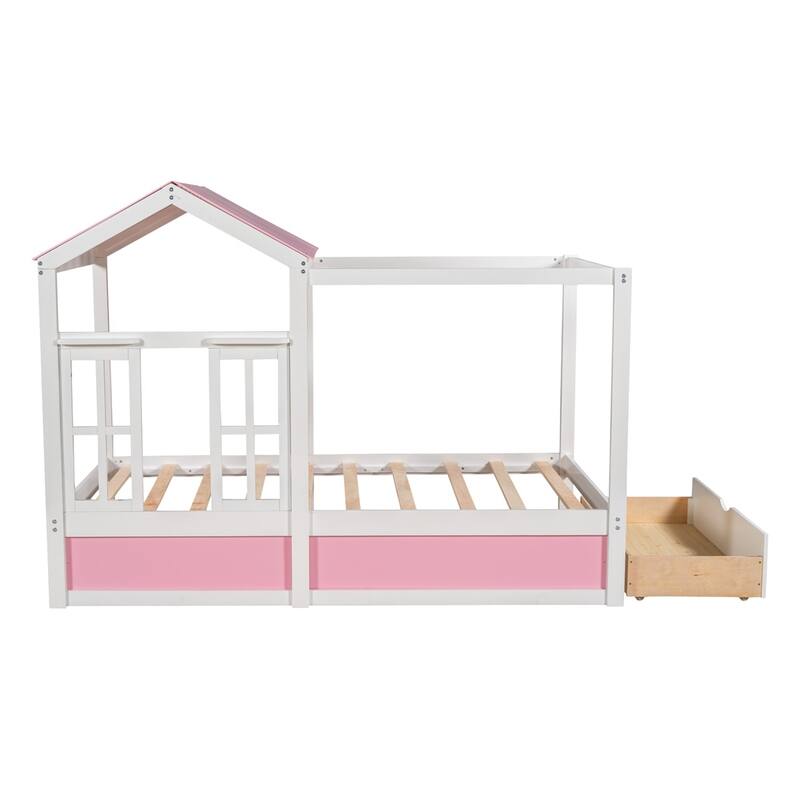 Merax House Bed with Roof, Window and Drawer