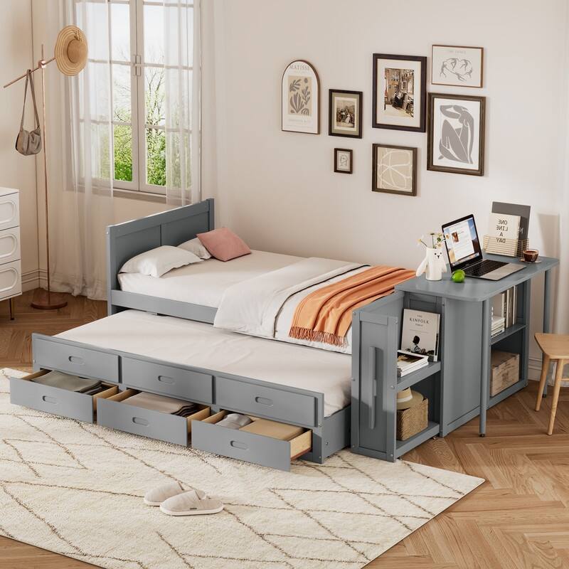 Multifunctional Twin Size Wood Platform Bed with Trundle,3 Drawers,Desk and Storage Shelf - Grey
