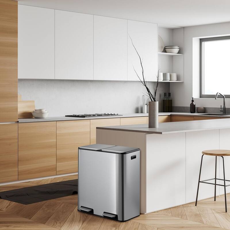 16 Gallon/60 L Kitchen Stainless Steel Dual Garbage Can with Soft-Close Lid