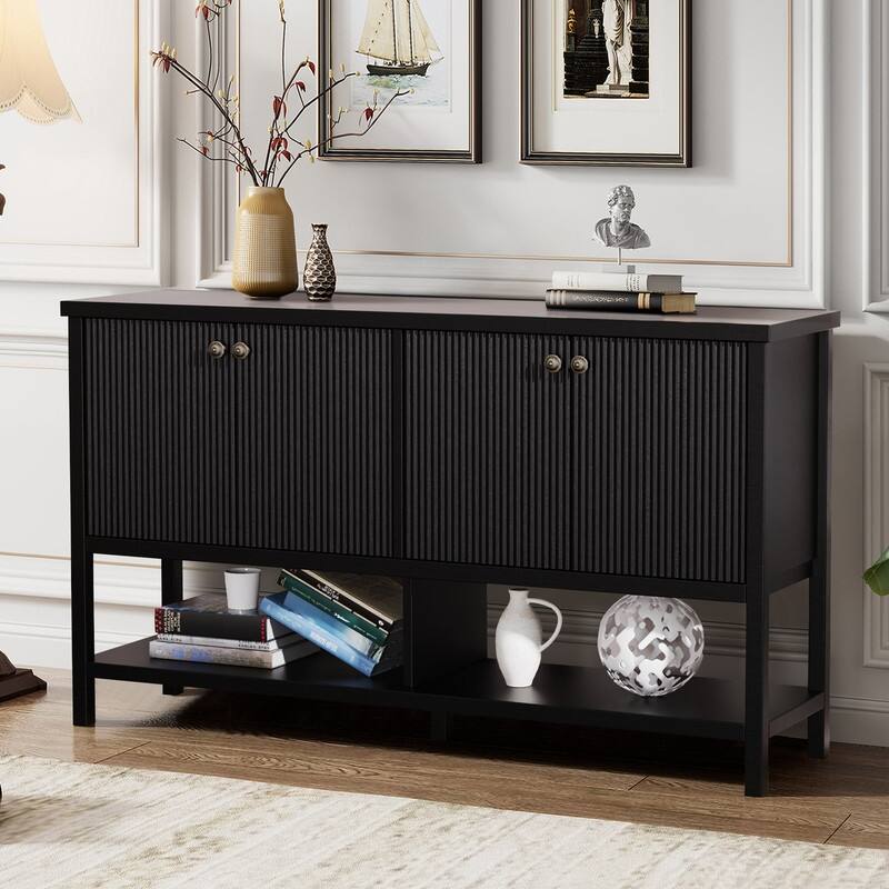 59" Sideboard Buffet Cabinet – Fluted 4-Door Storage, Farmhouse Accent Sideboard Large Console Table for Kitchen or Hallway