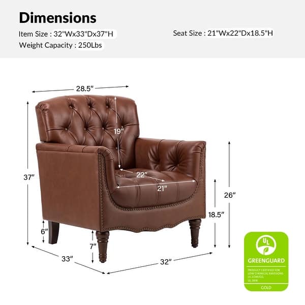 dimension image slide 5 of 9, HULALA HOME Wemer Traditional Genuine Leather Armchair with Tufted Back