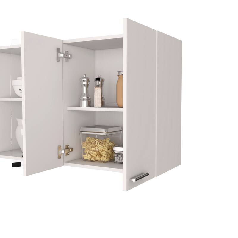 White Wall-Mounted Kitchen Cabinet - 24" H, 4 Doors, 2 Glass Panel Shelves, Dish Rack & Storage Organizer - 59.05X12.4 in