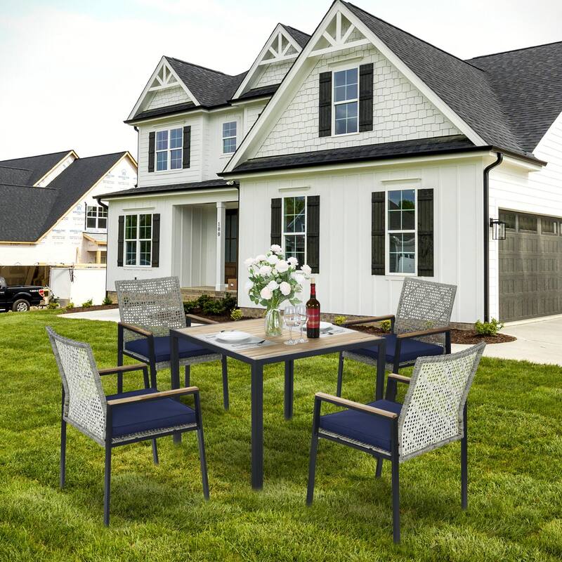 5 Piece Patio Dining Furniture Set, All Weather Outdoor Steel Dining Table and Chair with Umbrella Hole and Rattan Backrest