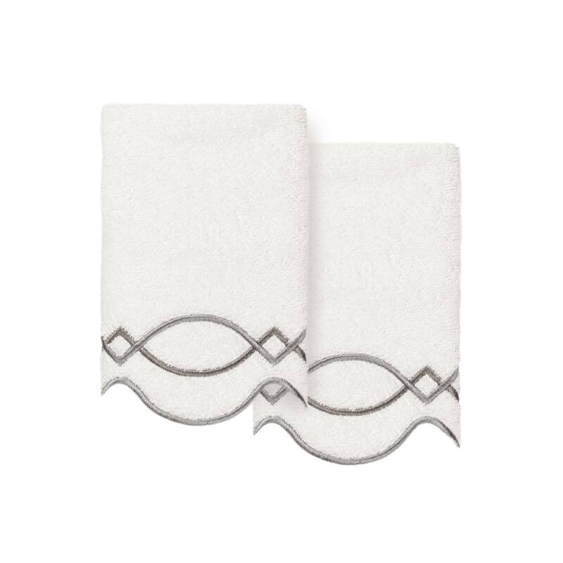 Authentic Hotel and Spa 100% Turkish Cotton DIAMOND CHAIN Scallop Embellished Towel Collection - White/Grey - 2 Fingertip Towels
