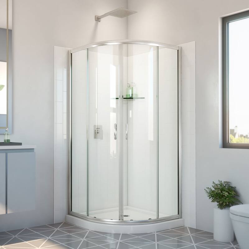 DreamLine Prime 33 in. x 33 in. x 78 3/4 in. H Shower Enclosure, Base, and White Wall Kit in Brushed Nickel and Clear Glass