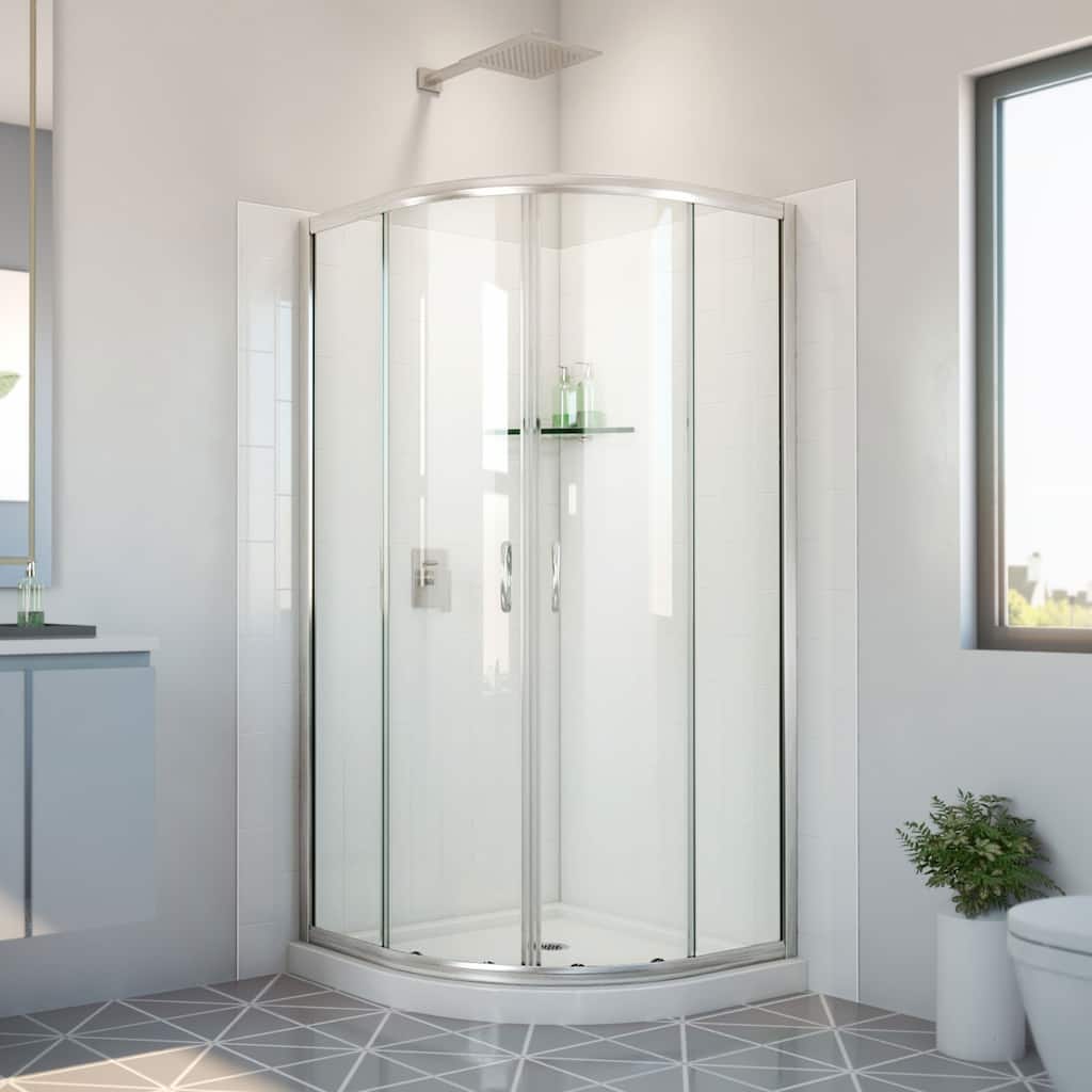 DreamLine Prime 33 in. x 33 in. x 78 3/4 in. H Shower Enclosure, Base, and White Wall Kit in Brushed Nickel and Clear Glass