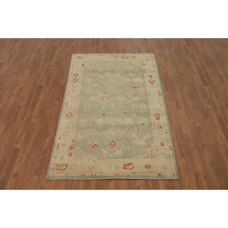 Hand Knotted Oriental 100% Wool Carpet Transitional Floral Green Oushak Area Rug - 6' 11'' X 4' 1''