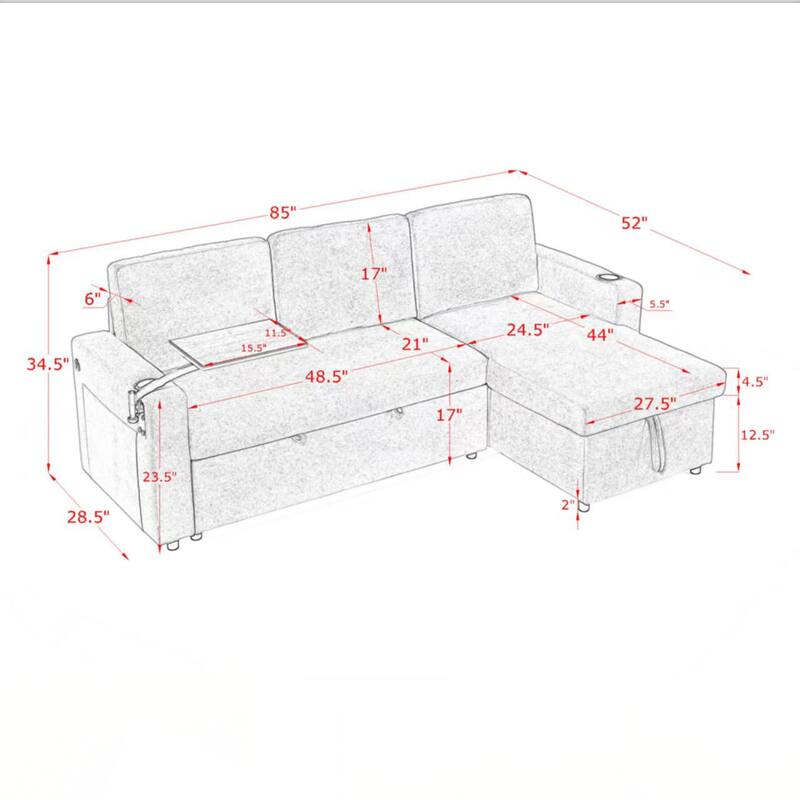 Modern Chenille Multi-functional Pull-Out Bed Sofa with Retractable Table and LED Lighting