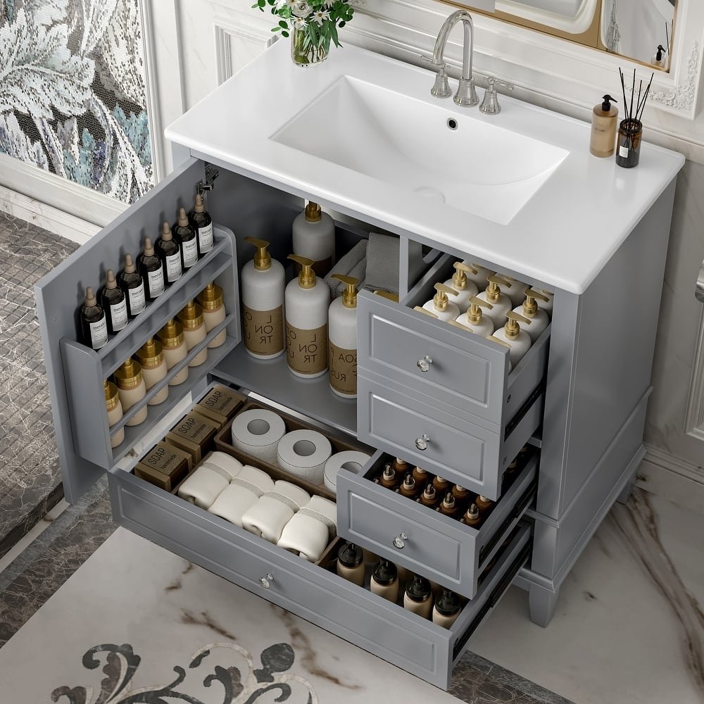 36" Bathroom Vanity with Ceramic Sink - MDF & Solid Wood Base, 3 Drawers & Storage Cabinet, Freestanding Design, 4" Faucet Holes