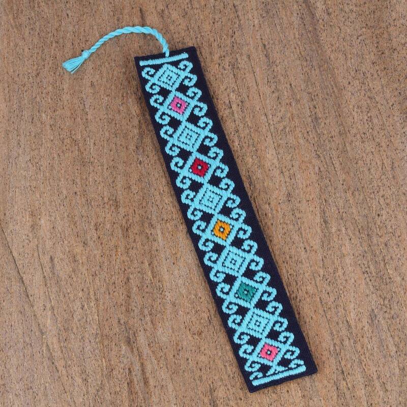 Handmade Scrolling Diamonds In Blue Cotton Bookmark (Mexico) - 7.75" L x 1.2" W