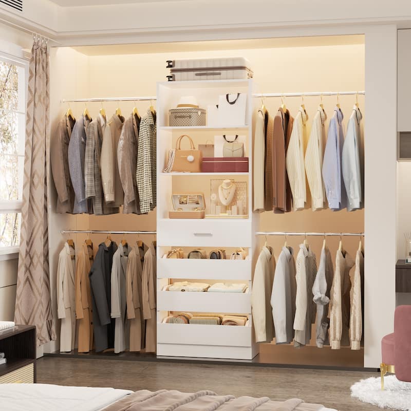Rackcog 74''-115'' Closet System with 4 Wooden Drawers and 4 Hanging Rods, Sturdy Closet Organizer for Walk-in/Reach-in Closet - White