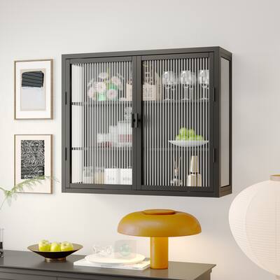 Double Glass Door Wall Cabinet With Detachable Shelves