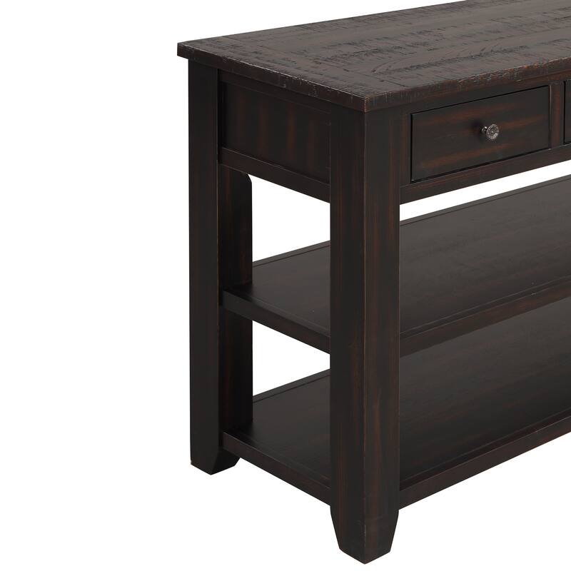 48" Solid Pine Wood Top Console Table, Modern Entryway Sofa Side Table with 3 Storage Drawers and 2 Shelves