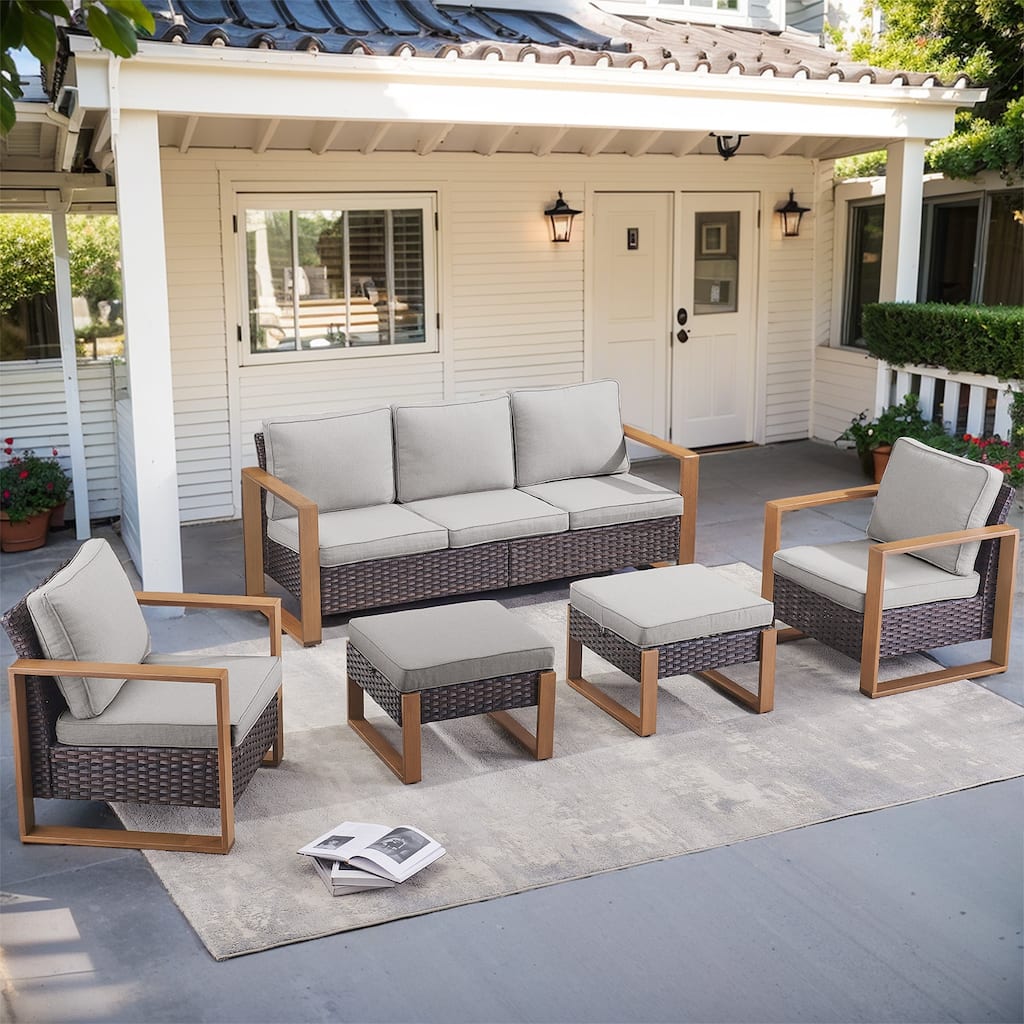 5 Pieces Outdoor Patio Rattan Furniture Sets - Brown