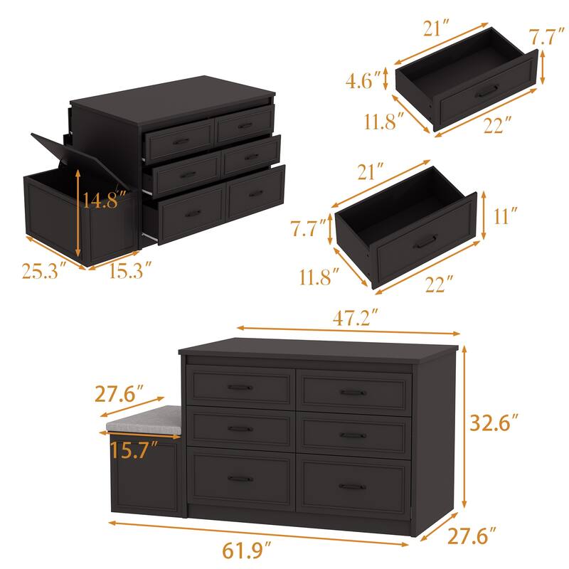 White Dresser with Seat and Storage 6 Drawer Closet Island Cabinet Bedroom Organization Bench