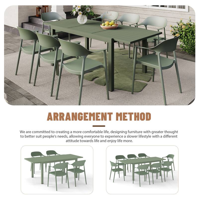 Outdoor Dining Set 9-Piece Stackable Plastic Lightweight Curved Backrest Armchair and Extendable Dining Table