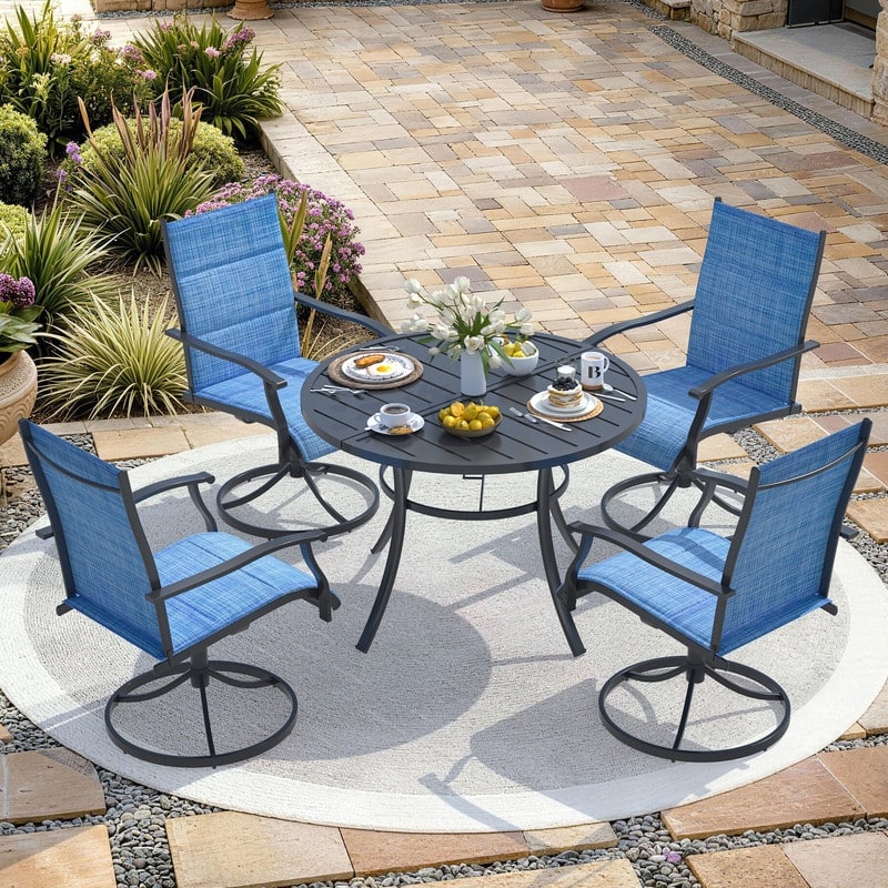 Patio Dining Set, Outdoor Dining Table and Chairs Set with Textilene Chairs, Adjustable Umbrella Hole for Garden, Backyard - 5 Piece-Round - Blue-Swivel