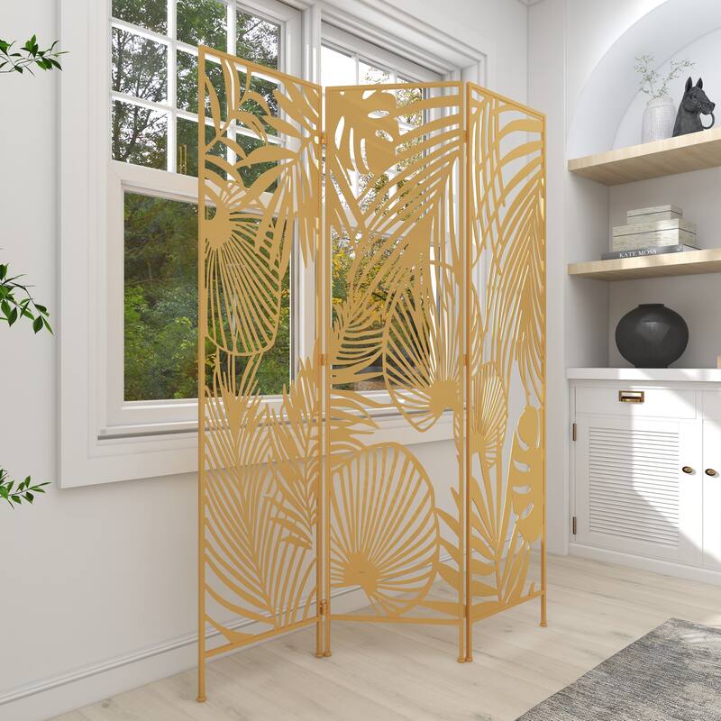 Gold Metal Foldable Partition Cutout Palm Leaf 3 Panel Leaf Partition Room Divider Screen